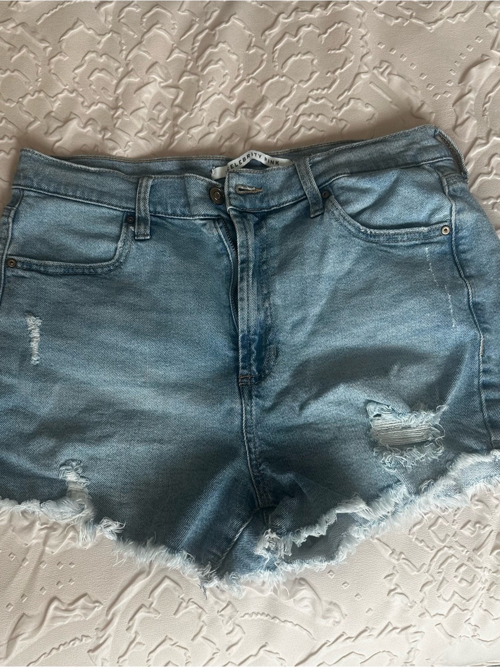 Celebrity Pink Light Blue Distressed Denim Cutoff Shorts
